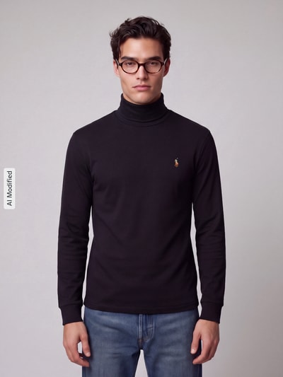 Männermodel trägt schwarzen Regular Fit Rollkragenpullover aus reiner Baumwolle von Polo Ralph Lauren, Herren Rollkragenpullover, Ganzkörperansicht von vorne, KI-modifiziertes Bild.
