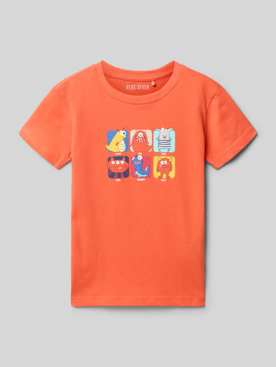 Produktfoto, Regular Fit T-Shirt mit Motiv-Print von Blue Seven, Kinder T-Shirt aus Reine Baumwolle, Rundhalsausschnitt, Rückenlänge 44 cm bei Größe 116, orange Grundfarbe, bunte Monster-Motive, glatte Struktur