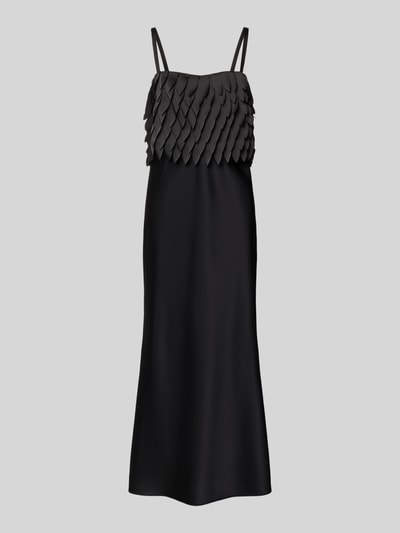 Produktfoto, schwarzes Midi-Trägerkleid mit Laser-Cut-Formen aus Satin, unifarben, Modell 'DALASER' von BOSS, gerade Saumlinie