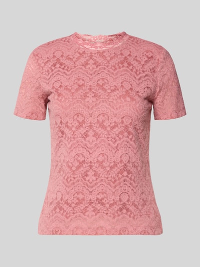 Produktfoto, rosafarbenes T-Shirt aus Spitze mit Rundhalsausschnitt von Jake*s Collection, Slim Fit, feine Textur, Material-Mix mit Stretch-Anteil