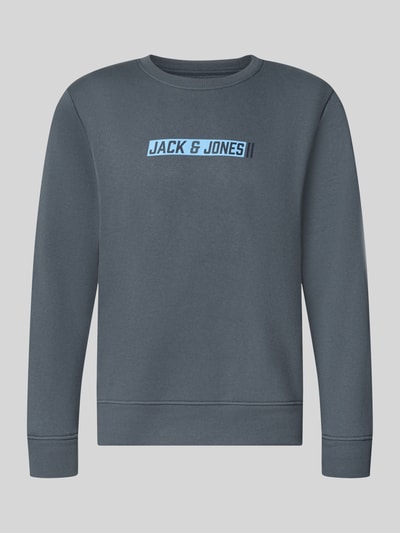 Produktfoto, Regular Fit Sweatshirt mit Baumwoll-Anteil Modell 'Munk' von JACK & JONES, mieszanka bawełny, krój regular fit, elastyczne wykończenia, okrągły dekolt, nadruk z logo, długość tyłu w rozmiarze M 60 cm, długość rękawów w rozmiarze M 67 cm, kolor ciemnoniebieski, gładka tekstura