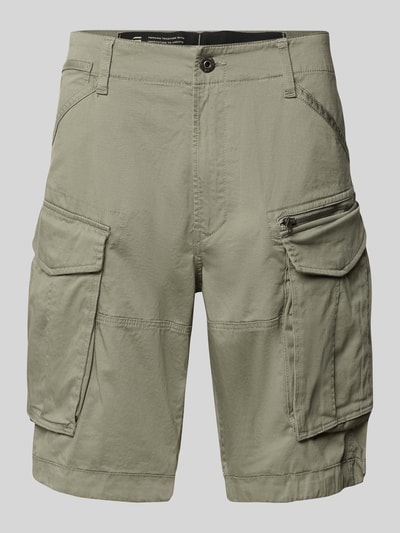 Produktfoto, bermudy z mieszanki bawełny z dodatkiem streczu, krój straight fit, model 'ROVIC ZIP' od G-Star Raw, 5 kieszeni, kieszenie z patką i na zamek błyskawiczny, kieszenie z wypustką z tyłu, zapięcie na guzik i zamek błyskawiczny, szerokość w rozmiarze 32: 44 cm, długość wewnętrzna nogawki: 28 cm, kolor jasnooliwkowy, gładka struktura