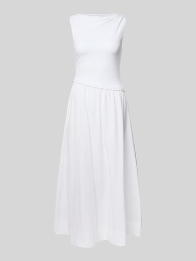 Produktfoto, białe cocktailkleid in asymmetrischem Design Modell 'Felicity' von Forever New, długość midi, materiał wiskozowo-elastanowy, krój taliowany, tekstura gładka, szerokość w rozmiarze 36: 39 cm, długość tyłu w rozmiarze 36: 133 cm, 2-w-1 look