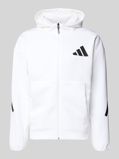 Produktfoto, Sweatjacke mit Kapuze von adidas Sportswear in Weiß, lockerer Schnitt, Label-Print, Reißverschluss, Baumwoll-Mix
