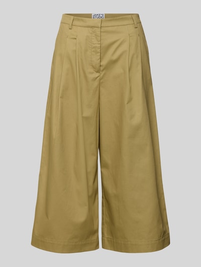 Produktfoto, Stoffhose in verkürzter Passform von JAKE*S STUDIO WOMAN aus reiner Baumwolle, lockerer Schnitt, französische Eingrifftaschen, Gesäßtasche, Bundweite 38 cm, Innenbeinlänge 56 cm, sandfarbene Oberfläche mit glatter Textur.