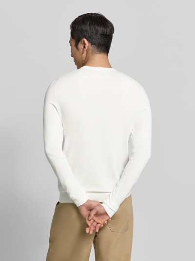 Männermodel trägt Regular Fit Strickpullover aus Viskose-Mix Modell 'SAN CODY-CV' von HUGO, unifarben, ganzkörperansicht rückansicht.