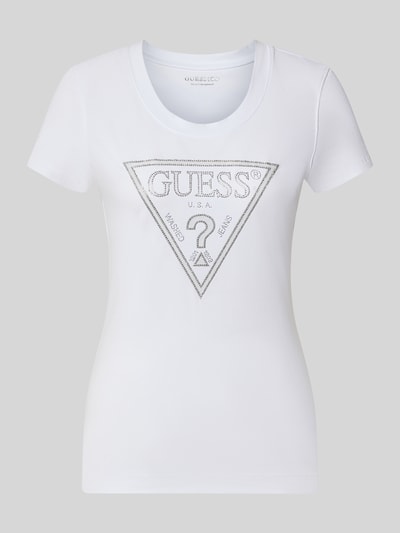 Produktfoto, T-Shirt mit Logo und Rundhalsausschnitt van GUESS, wit, Mix van katoen en elastaan, slim fit, Met siersteentjes, ruglengte bij maat S: 82 cm