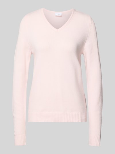 Productfoto, Regular Fit Longsleeve uit viscose in breilook model 'Viril' van Vila, dames longsleeve, V-hals, elastische boorden, lichtroze, zachte textuur