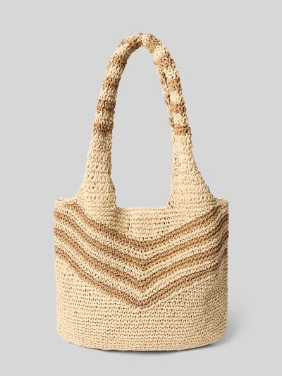Produktfoto, shopper met draagbanden Model 'Serenea' van Barts van puur katoen, hoofvak met magneetsluiting, breedte 30 cm, lengte 26 cm, diepte 3 cm, schouderbandlengte 26 cm, naturel- en bruintinten, grof gehaakte textuur, zigzagpatroon.