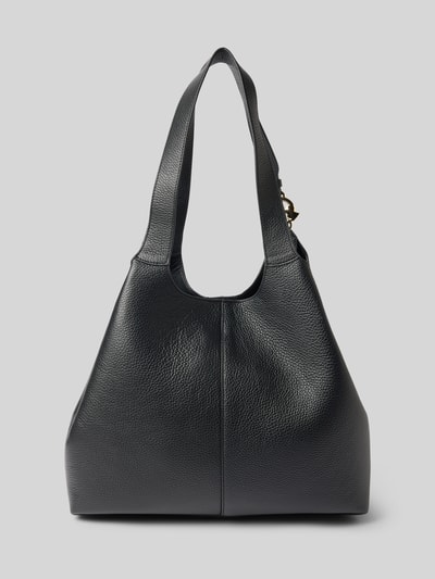 Produktfoto, Tote Bag mit Logo-Detail von Coccinelle in Schwarz, grobe Lederstruktur, goldfarbenes Logo, Maße: 25x31x15 cm, Schulterriemen 54 cm, herausnehmbare Innentasche, Magnetverschluss.