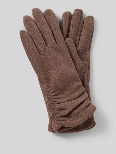Produktfoto, braune Handschuhe aus elastischem Material-Mix mit Raffungen von EEM, strukturierte Oberfläche, Damen Handschuhe