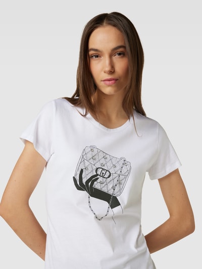 Liu Jo White T-Shirt mit Motiv-Print und Ziersteinbesatz Weiss 3