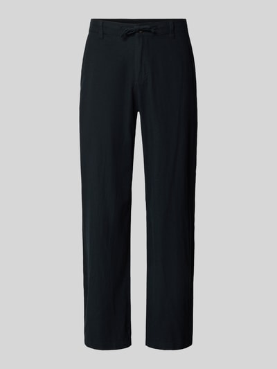Produktfoto, Loose Fit Leinenhose mit Tunnelzug Modell 'BRODY' von Selected Femme, jednokolorowy, krój loose fit, szlufki na pasek, tunel, zapięcie na guzik i ukryty zamek błyskawiczny, wpuszczane kieszenie boczne, kieszenie z tyłu z guzikiem, wykończenie: cieniowana przędza, materiał: mieszanka bawełny ekologicznej i lnu.