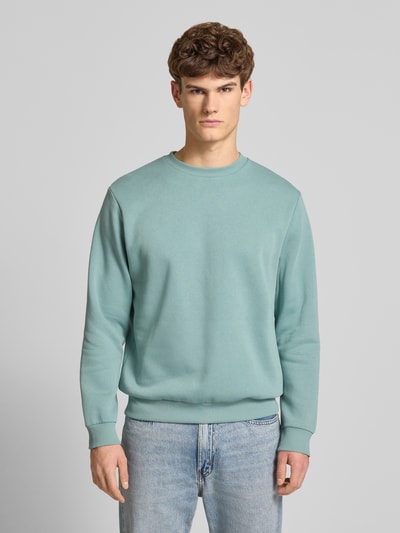 Męski model nosi Sweatshirt mit gerippten Abschlüssen Modell 'BRADLEY' von Jack & Jones, materiał bawełniany, krój regular fit, długość tyłu 67 cm, długość rękawa 65 cm, błękitny kolor, faktura gładka, widok całej sylwetki z przodu.