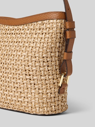 Produktfoto, Handtasche mit Schulterriemen Modell 'COSMO' von Abro, Hauptfach mit Reißverschluss, Label-Detail, Maße 29x25x13 cm, Länge Schulterriemen 94 cm, beige geflochtene Struktur mit braunen Leder-Details