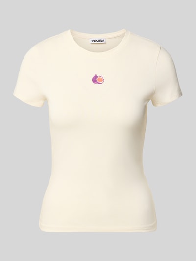Produktfoto, Slim Fit T-Shirt mit Motiv-Stitching Modell 'Fruity' von REVIEW aus elastischem Baumwoll-Mix in off-white, runde Form, glatte Textur