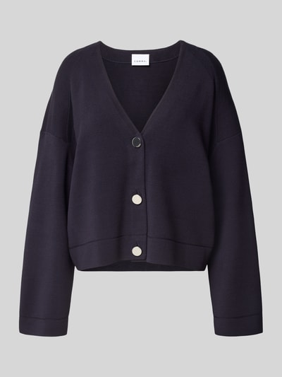 Produktfoto, Strickjacke aus Viskose-Mix mit V-Ausschnitt von comma in Dunkelblau, Relaxed Fit, lange Ärmel, Knopfleiste, glatte Textur.
