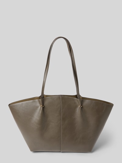 Produktfoto, Tote Bag mit Tragehenkel von Mango im Material-Mix mit Magnetverschluss, Hauptfach, Reißverschluss-Innenfach, Maße 57x29x14 cm, Schulterriemen 65 cm, glatte braune Oberfläche, dezente Nähte.