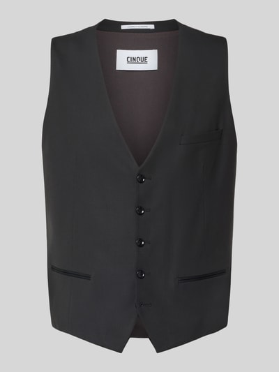 Produktfoto, Weste mit V-Ausschnitt Modell 'FESTONE' von Cinque, Schwarz, Material-Mix mit Schurwoll-Anteil, Regular-Fit, Knopfleiste, Brusttasche und Eingrifftaschen, Rückenlänge 58 cm bei Größe 50.
