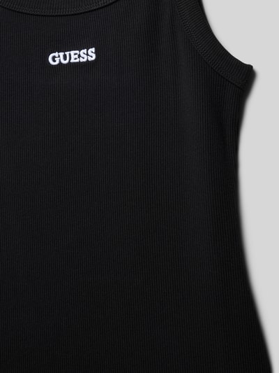 Produktfoto, Kleid mit Spaghettiträgern und Logo-Stitching von Guess in Schwarz, Körpernaher Schnitt, Feinrippstruktur, Rundhalsausschnitt, Viskose-Mix mit Stretch-Anteil