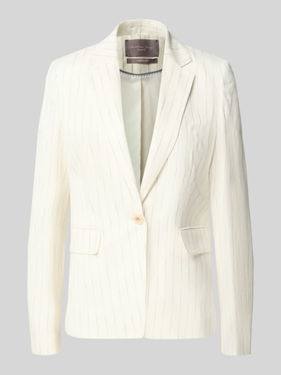 Produktfoto, Slim Fit Blazer aus Leinen-Mix mit Streifenmuster von Christian Berg Woman Selection, cremefarben, feine Streifen, Reverskragen, Pattentaschen, Leinen-Viskose-Anteil, Rückenlänge 65 cm, Brustweite 44 cm, Ärmellänge 67 cm, Damen Blazer.