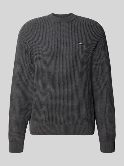 Productfoto, antracietkleurige gebreide pullover Regular fit van katoenmix met labelpatch, tricotlook, ribboorden, review