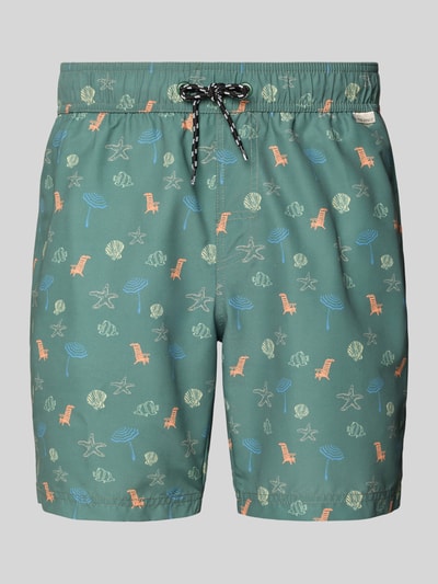 Produktfoto, Badeshorts mit Eingrifftaschen Modell 'BHRINGWAR MINI' von Blend in Grün mit Muster, Loose Fit, Elastischer Bund mit Kordelzug, Label-Detail, Gesäßleistentasche, kurze Beinlänge, glatte Textur