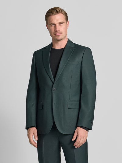 Mannelijk model draagt Regular Fit 2-knoops colbert met viscose van Christian Berg Men, donkergroen materiaalmix met reverskraag, klepzakken, ganzkörperansicht van voren.