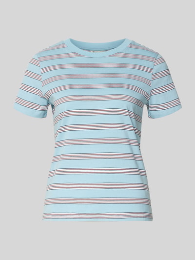 Produktfoto, Regular Fit T-Shirt aus reiner Baumwolle von Tom Tailor Denim, niebieskie w kolorowe paski, jersey, naszywka z logo, krótki rękaw, dekolt okrągły