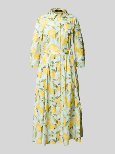 Productfoto, Hemdblusenkleid im Allover-Look mit Bindegürtel van Oui, puur katoen, a-lijn, midi-jurk, knoopsluiting, strikceintuur, ruglengte maat 36: 120 cm, borstwijdte maat 36: 40 cm, mouwlengte maat 36: 46 cm, lichtgroen met gele citroenprint, zachte textuur, afgeronde vormen