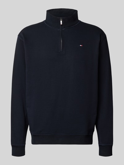 Produktfoto, Troyer mit Logo-Stitching und gerippten Abschlüssen von HECHTER PARIS in Dunkelblau, Baumwoll-Mix, Regular Fit, Troyer-Kragen.