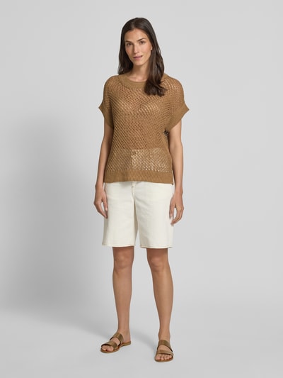 Milano Italy Gebreid shirt met ronde hals Camel - 1