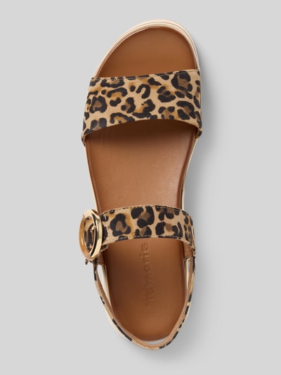 Produktfoto, Sandalen aus echtem Leder von Tamaris in Braun mit Animal Print, Nubuk-Textur, offener Schuhspitze, flachem Absatz und Dornschließe