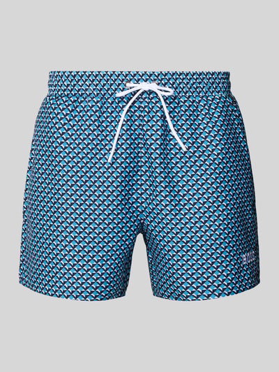 Produktfoto, Relaxed Fit Badeshorts mit Allover-Muster Modell 'CATFISH' von BOSS in Blau mit grafischem Muster, elastischer Bund und Label Patch, seitliche Eingrifftaschen
