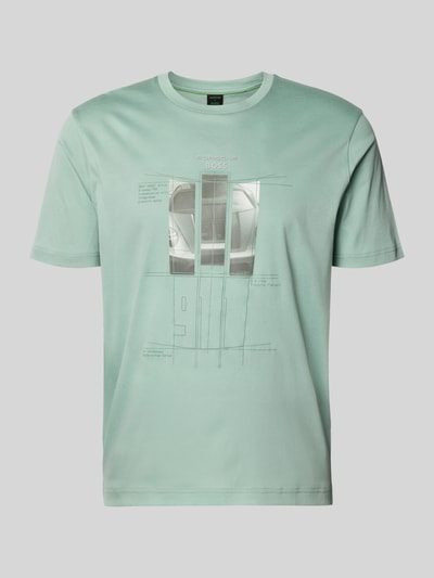 Produktfoto, Regular Fit T-Shirt aus reiner Baumwolle Modell 'SPIRIT70' von BOSS Green x Porsche in Mintgrün mit Motiv-Print auf der Front, unifarbenes Jersey-Material, Rundhalsausschnitt, Kurzarm