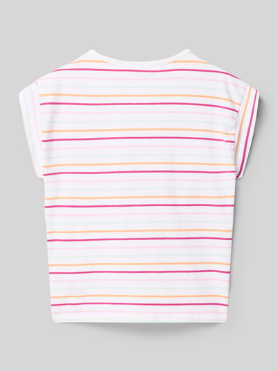 Produktfoto, T-Shirt mit Logo-Stitching und Paillettenbesatz von Guess, Kinder T-Shirt aus Baumwoll-Mix mit Stretch-Anteil, Streifen in Rosa, Pink, Orange und Gelb, Straight Fit, Kappärmel, Rückenlänge bei Größe 140: 44 cm, glatte Textur
