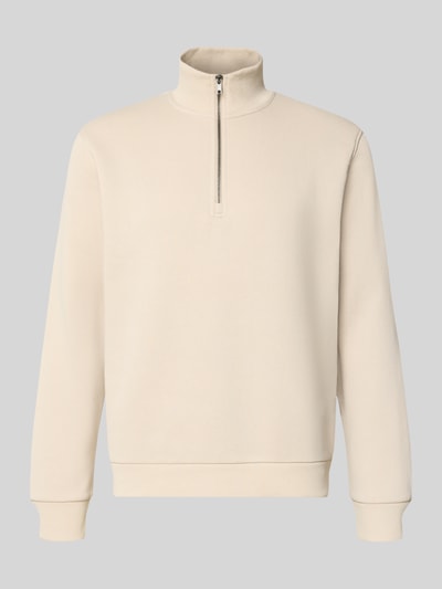 Produktfoto, Regular Fit Sweatshirt mit Baumwoll-Anteil Modell 'Bradley' von JACK & JONES in Beige mit Troyer-Kragen, glatte Textur. Material-Mix, Rückenlänge 68 cm, Ärmellänge 66 cm.