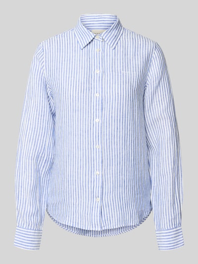 Produktfoto, Regular Fit Leinenbluse mit Hemdblusenkragen und Label-Stitching von Gant in Blau-Weiß gestreiftem Leinen, Damen, reine Leinen, Rückenlänge 66 cm, Ärmellänge 61 cm, Größe 36