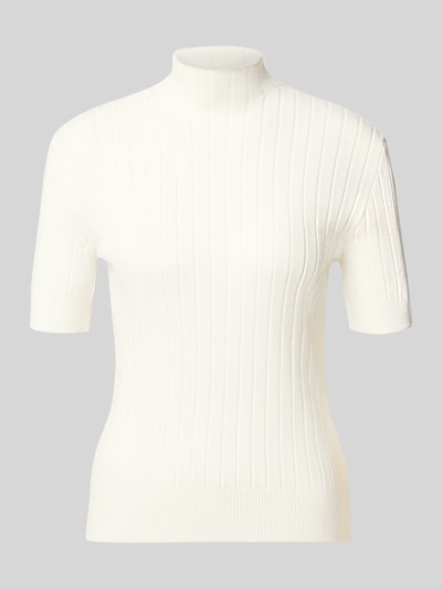 Produktfoto, Bluse aus Viskose-Mix in Strick-Optik von MORE & MORE, weiß, schmale Passform, Stehkragen, kurzärmelig, feine Rippstruktur
