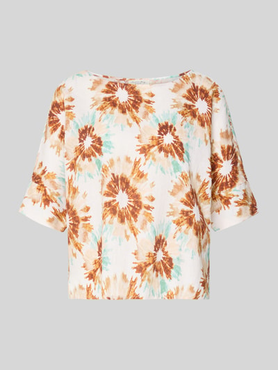 Produktfoto, Bluse aus Leinen mit U-Boot-Ausschnitt von Christian Berg Woman, beige mit braunem und blauem Blumenmuster, Loose-Fit, 1/2-Arm, Rückenlänge 50 cm bei Größe 36, Ärmellänge 38 cm, strukturierte Oberfläche