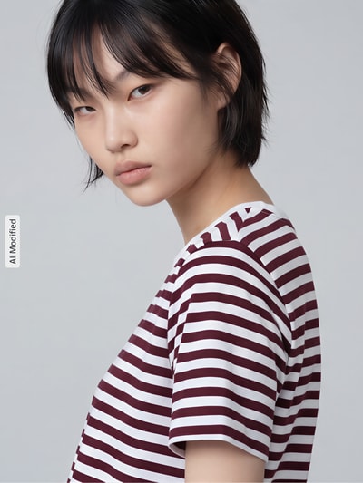 Frauenmodel trägt T-Shirt mit Rundhalsausschnitt Modell 'NORA' von VILA, Baumwoll-Elasthan-Mix, weiß-bordeaux gestreift, Nahaufnahme Oberkörper.
