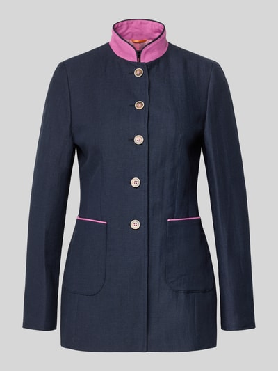 Produktfoto, Slim Fit Blazer aus mix van linnen en katoen van WHITE LABEL, donkerblauw met roze details, opstaande kraag, knoopsluiting, opgestikte zakken, ruglengte maat 36: 71 cm, borstwijdte: 44 cm, mouwlengte: 64 cm