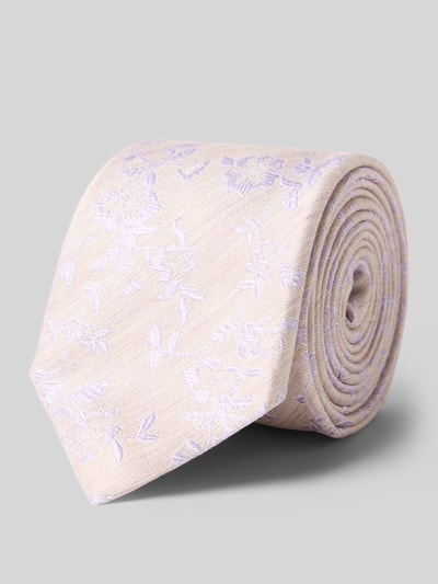 Produktfoto, Krawatte aus Seiden-Mix mit floralem Allover-Stitching von OLYMP, beżowe tło, fioletowe wzory, Szerokość w rozmiarze 1: 7 cm, krój slim fit