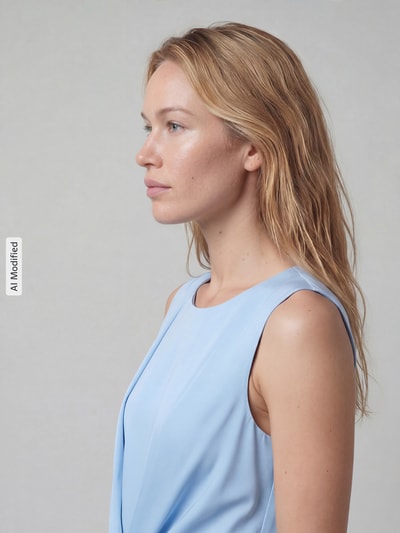 Frauenmodel trägt Jumpsuit aus Satin mit Bindegürtel von Christian Berg Cocktail in Hellblau, glatte Oberfläche, seitliche Nahaufnahme Oberkörper. Leicht taillierte Passform, Rundhalsausschnitt, Bindegürtel, sichtbare Satintextur.