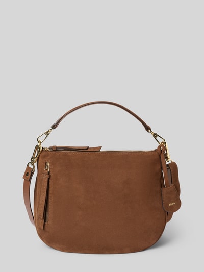 Produktfoto, Handtasche mit Tragehenkel Modell 'JUNA' von Abro in Braun, glatte Oberfläche, goldene Details, Seiten- und Innenfach, Hauptfach mit Reißverschluss, abnehmbarer Schulterriemen, Maße 34x29x11 cm, Schulterriemen 103 cm.