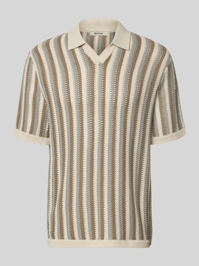 Produktfoto, Regular Fit Poloshirt aus Baumwoll-Mix Modell 'THUE' von Only & Sons im gestreiften Allover-Muster mit Lochstrickstruktur, creme und braun gestreift, sichtbare Struktur und Polokragen