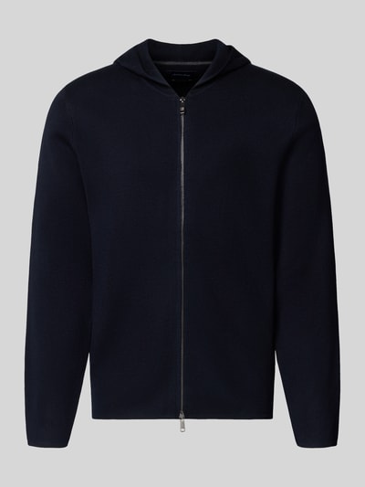 Produktfoto, Regular Fit Strickjacke mit Lanawoll-Anteil van Christian Berg Men, heren gebreid jack in donkerblauw, Materiaalmix met lanawol, capuchon, doorlopende rits, met lange mouwen, ruglengte maat M 67 cm, mouwlengte maat M 70 cm
