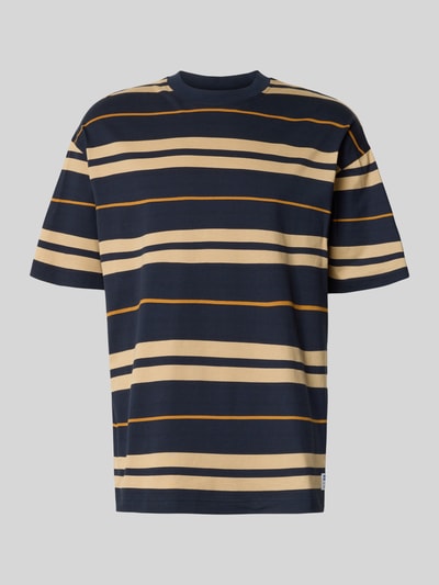 Produktfoto, Oversized Shirt aus reiner Baumwolle Modell 'NIVARSI' von HUGO, dunkelblau mit beigen und braunen Streifen, Herren Oversized Shirt