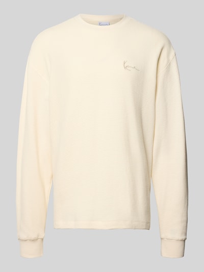 Produktfoto, Regular Fit Sweatshirt mit Strukturmuster von KARL KANI in Creme mit Logo-Stitching, Rundhalsausschnitt, Reine Baumwolle, elastische Ärmelabschlüsse