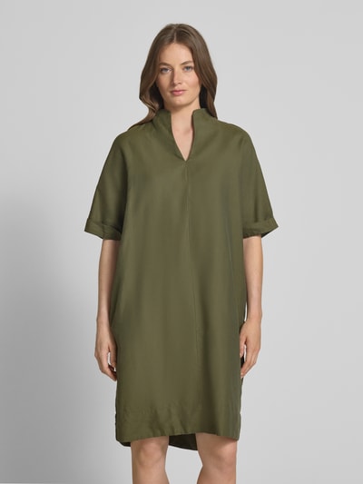 ETERNA Sukienka o długości do kolan z mieszanki bawełny i lnu ze spiczastym dekoltem ze stójką Khaki 4